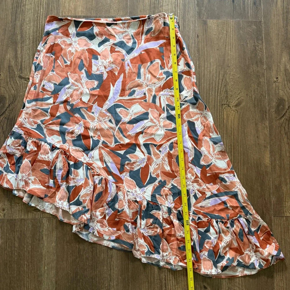 Nine West Asymmetrical Midi Skirt Womens Medium Terracotta Floral Ruffle Hem NEW
